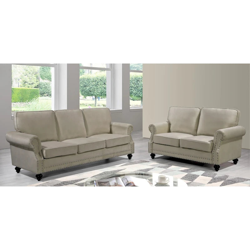 Velvet Nailhead 2-Piece Sofa Set – Loveseat & Sofa, 2-Seat, Multiple Colors