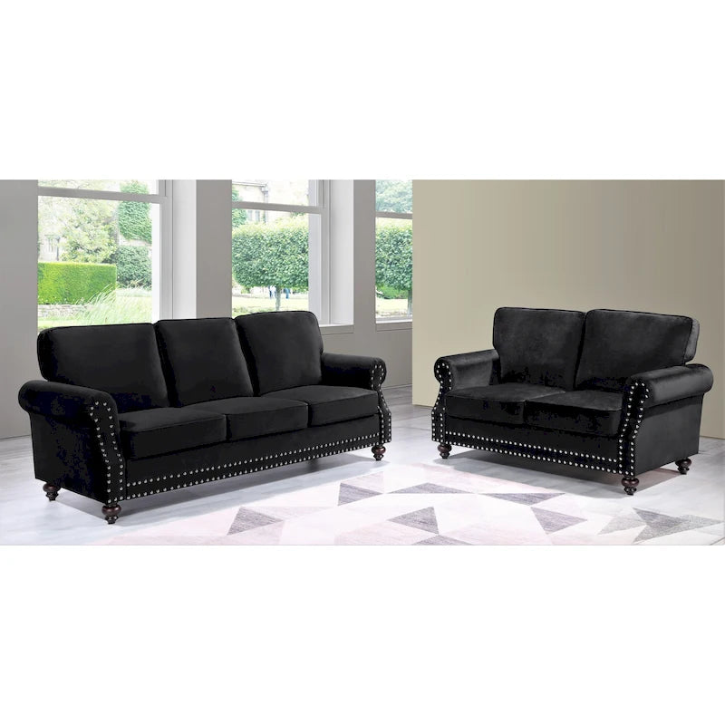Velvet Nailhead 2-Piece Sofa Set – Loveseat & Sofa, 2-Seat, Multiple Colors