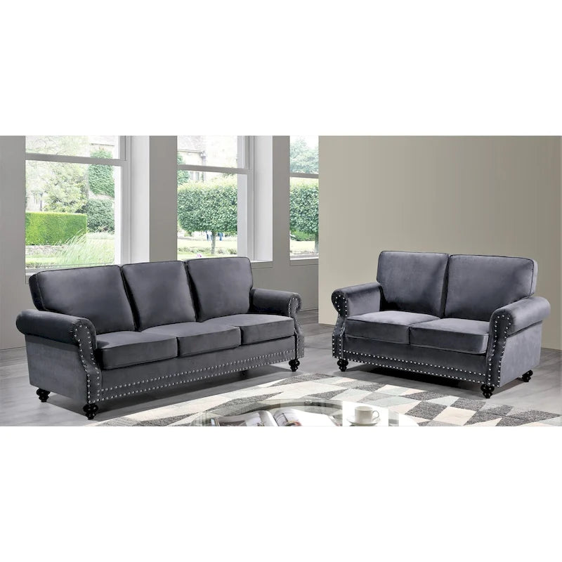 Velvet Nailhead 2-Piece Sofa Set – Loveseat & Sofa, 2-Seat, Multiple Colors