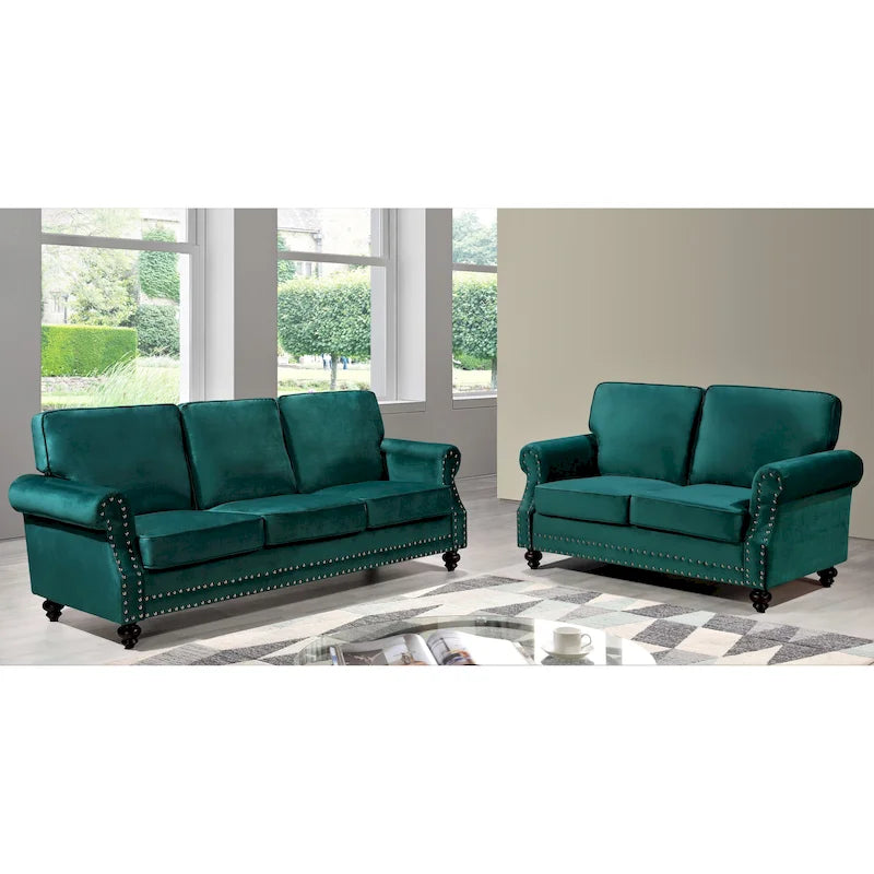 Velvet Nailhead 2-Piece Sofa Set – Loveseat & Sofa, 2-Seat, Multiple Colors