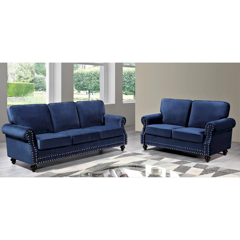 Velvet Nailhead 2-Piece Sofa Set – Loveseat & Sofa, 2-Seat, Multiple Colors