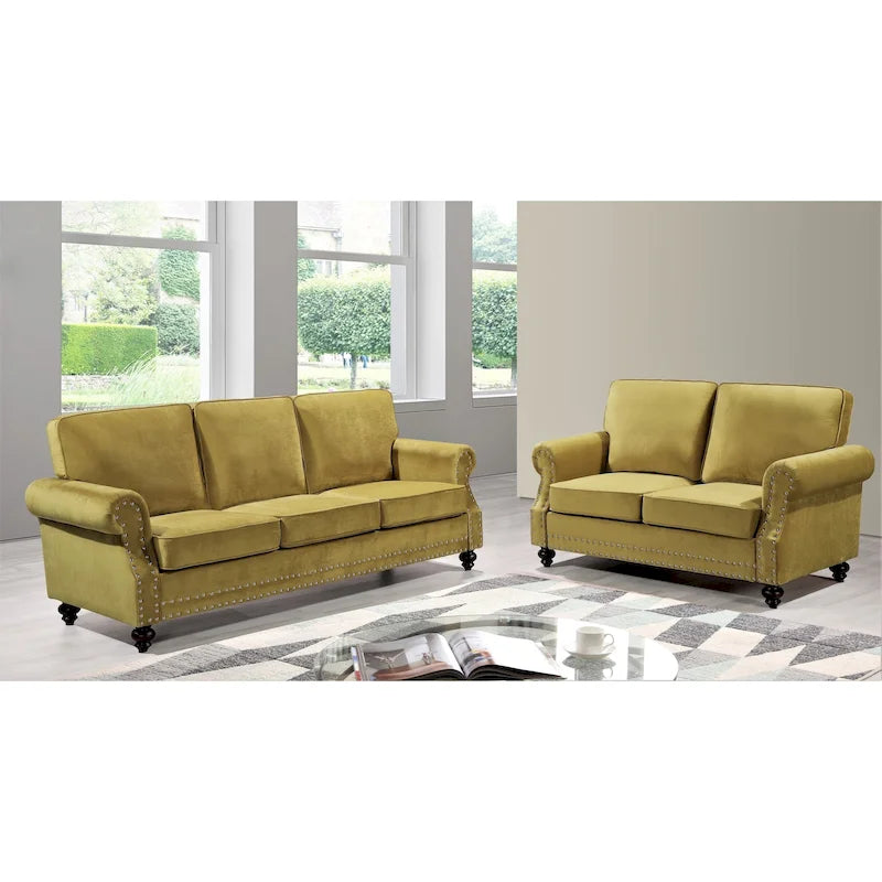 Velvet Nailhead 2-Piece Sofa Set – Loveseat & Sofa, 2-Seat, Multiple Colors