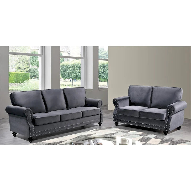 Velvet Nailhead 2-Piece Sofa Set – Loveseat & Sofa, 2-Seat, Multiple Colors