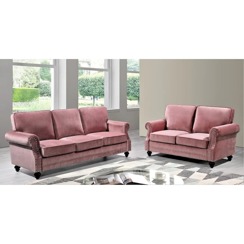 Velvet Nailhead 2-Piece Sofa Set – Loveseat & Sofa, 2-Seat, Multiple Colors