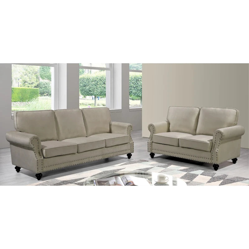 Velvet Nailhead 2-Piece Sofa Set – Loveseat & Sofa, 2-Seat, Multiple Colors