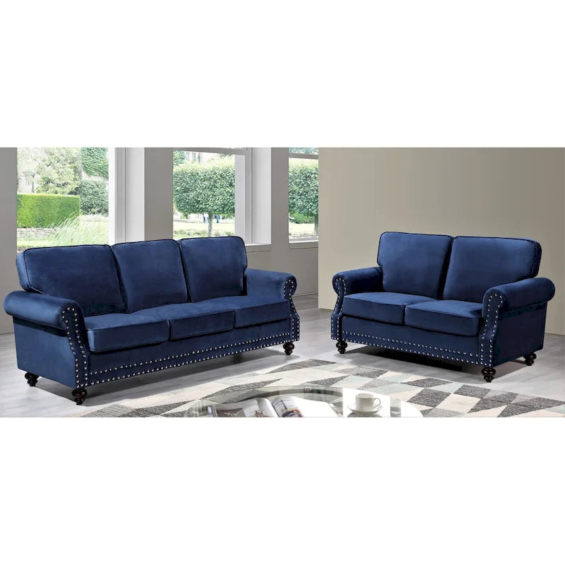 Velvet Nailhead 2-Piece Sofa Set – Loveseat & Sofa, 2-Seat, Multiple Colors