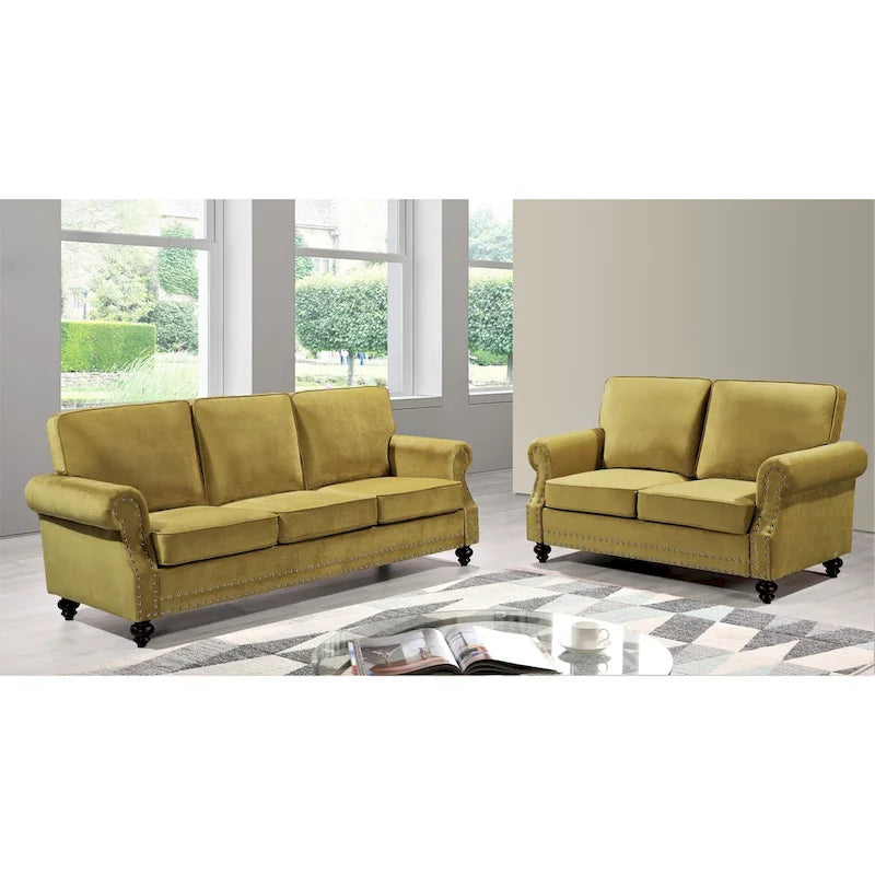 Velvet Nailhead 2-Piece Sofa Set – Loveseat & Sofa, 2-Seat, Multiple Colors