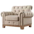 Beige Linen / Brown & Grey Microfiber Tufted Scroll Arm Nailhead Accent Chair, Seats 1
