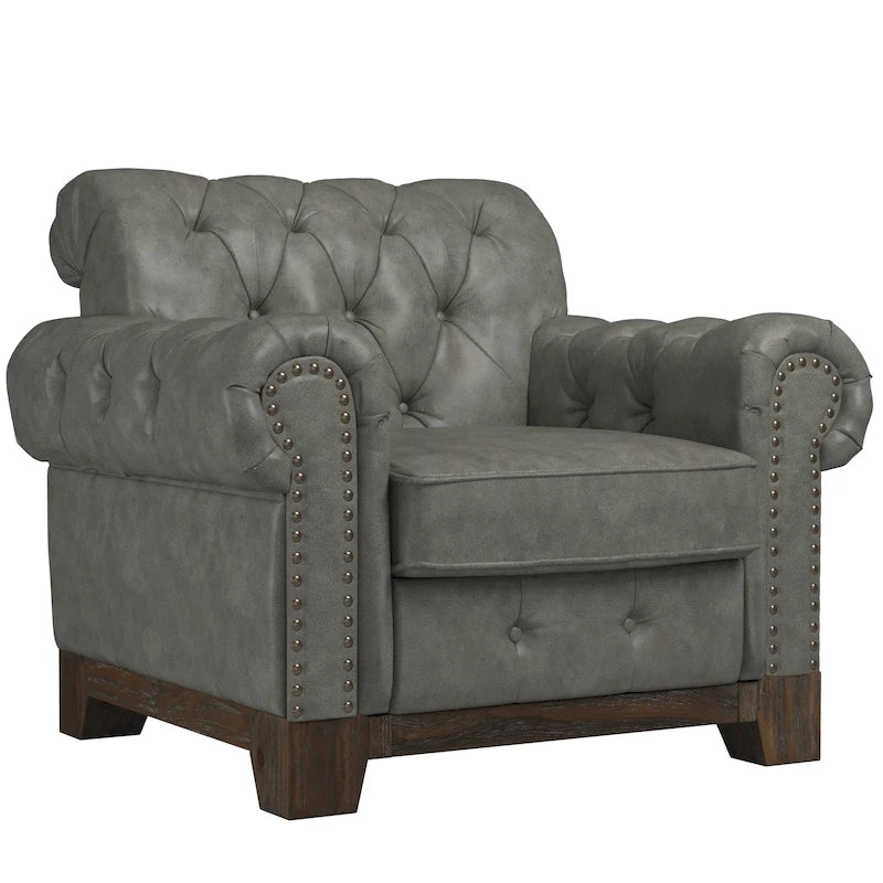 Beige Linen / Brown & Grey Microfiber Tufted Scroll Arm Nailhead Accent Chair, Seats 1