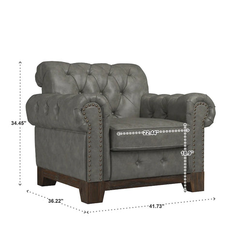 Beige Linen / Brown & Grey Microfiber Tufted Scroll Arm Nailhead Accent Chair, Seats 1