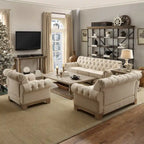 Beige Linen / Brown & Grey Microfiber Tufted Scroll Arm Nailhead Accent Chair, Seats 1