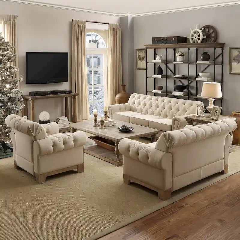 Beige Linen / Brown & Grey Microfiber Tufted Scroll Arm Nailhead Accent Chair, Seats 1