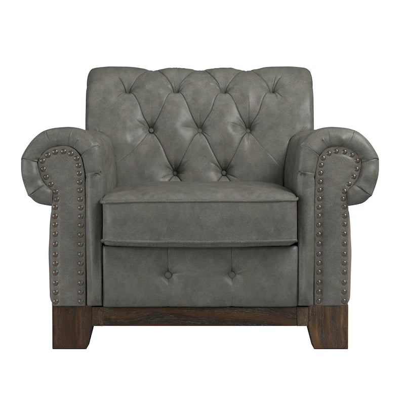 Beige Linen / Brown & Grey Microfiber Tufted Scroll Arm Nailhead Accent Chair, Seats 1