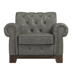 Beige Linen / Brown & Grey Microfiber Tufted Scroll Arm Nailhead Accent Chair, Seats 1