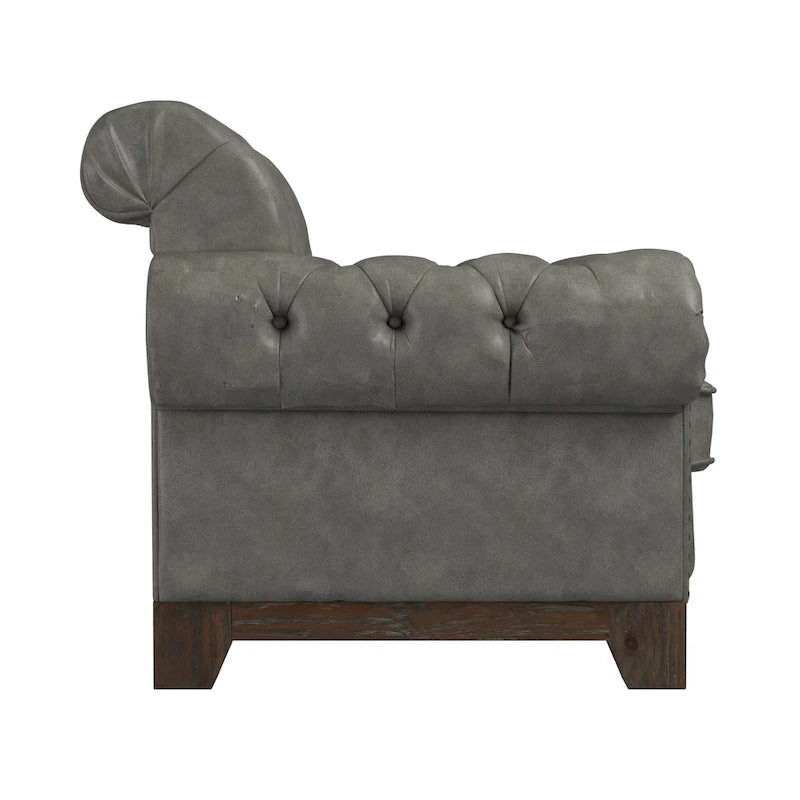 Beige Linen / Brown & Grey Microfiber Tufted Scroll Arm Nailhead Accent Chair, Seats 1