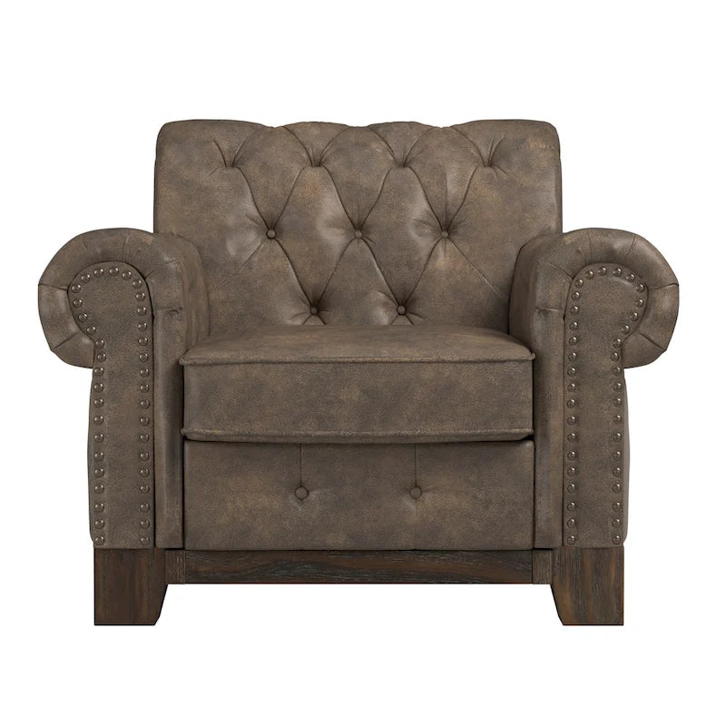 Beige Linen / Brown & Grey Microfiber Tufted Scroll Arm Nailhead Accent Chair, Seats 1