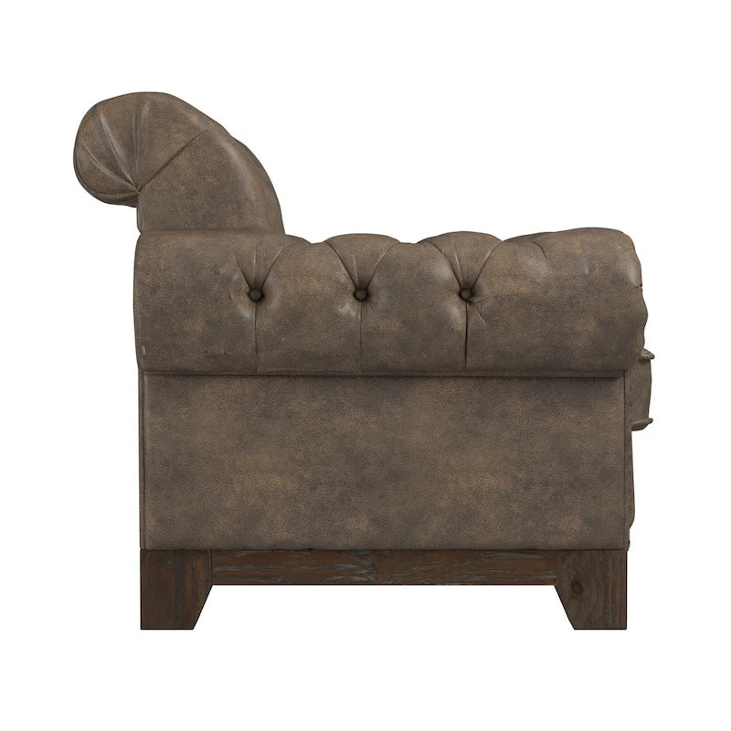 Beige Linen / Brown & Grey Microfiber Tufted Scroll Arm Nailhead Accent Chair, Seats 1