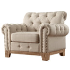 Beige Linen / Brown & Grey Microfiber Tufted Scroll Arm Nailhead Accent Chair, Seats 1