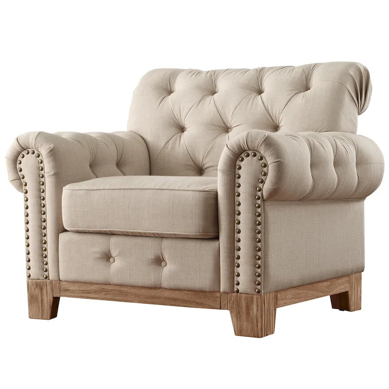 Beige Linen / Brown & Grey Microfiber Tufted Scroll Arm Nailhead Accent Chair, Seats 1