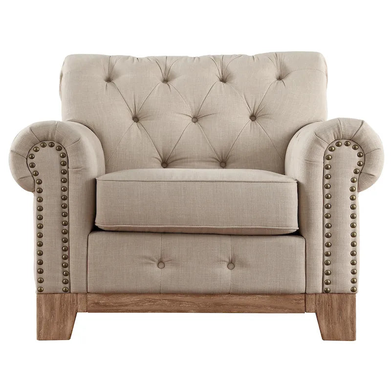 Beige Linen / Brown & Grey Microfiber Tufted Scroll Arm Nailhead Accent Chair, Seats 1