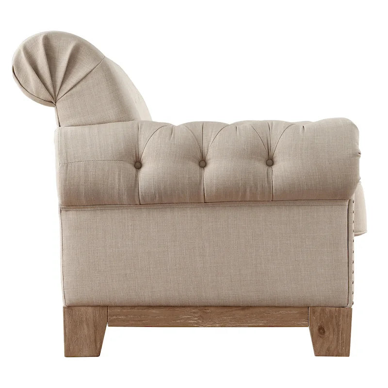 Beige Linen / Brown & Grey Microfiber Tufted Scroll Arm Nailhead Accent Chair, Seats 1
