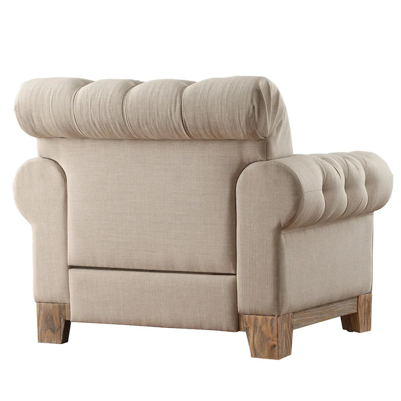Beige Linen / Brown & Grey Microfiber Tufted Scroll Arm Nailhead Accent Chair, Seats 1
