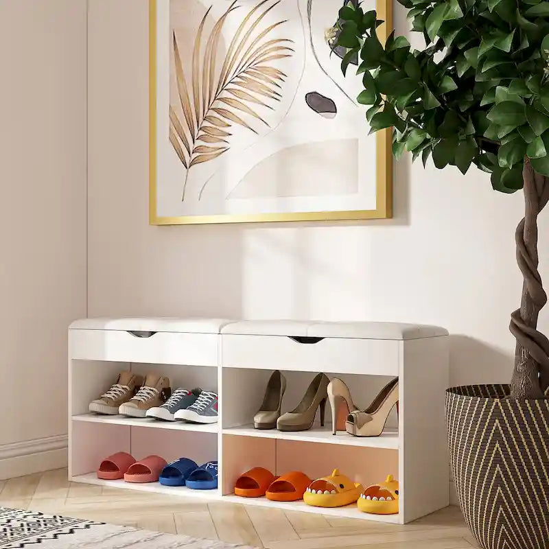 Brown Entryway Storage Bench with Padded Cushion & 2-Tier Shoe Rack, Seats 1–2