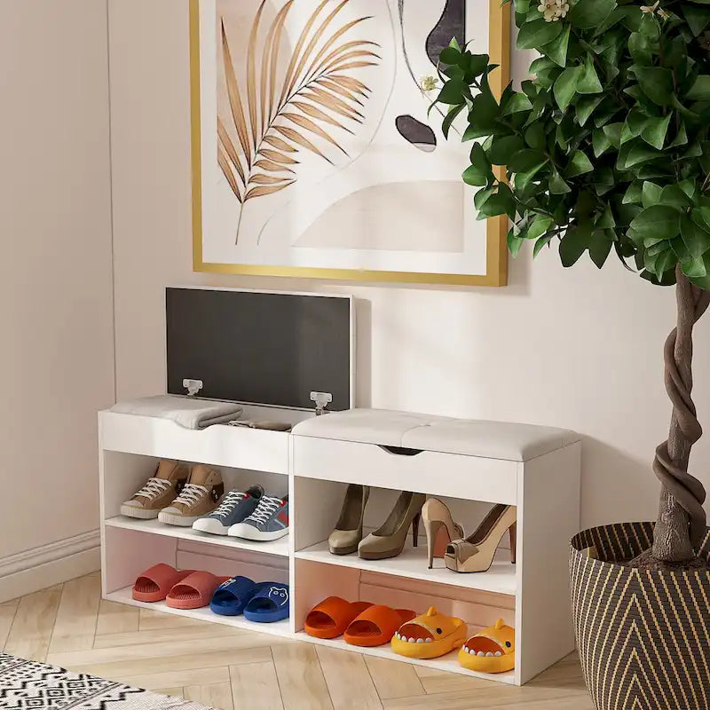 Brown Entryway Storage Bench with Padded Cushion & 2-Tier Shoe Rack, Seats 1–2
