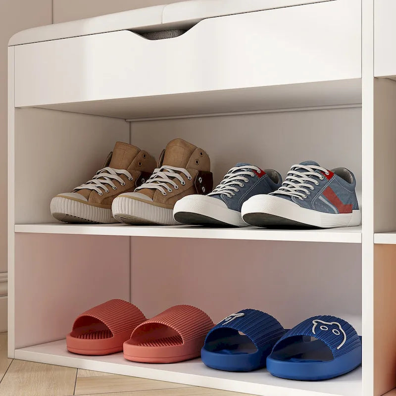 Brown Entryway Storage Bench with Padded Cushion & 2-Tier Shoe Rack, Seats 1–2