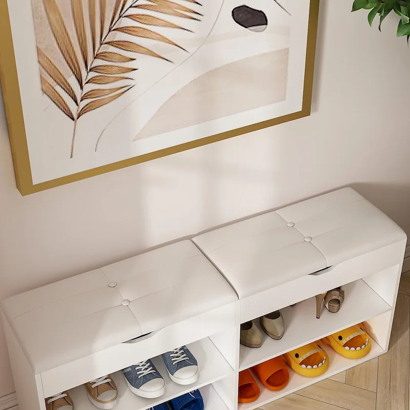 Brown Entryway Storage Bench with Padded Cushion & 2-Tier Shoe Rack, Seats 1–2