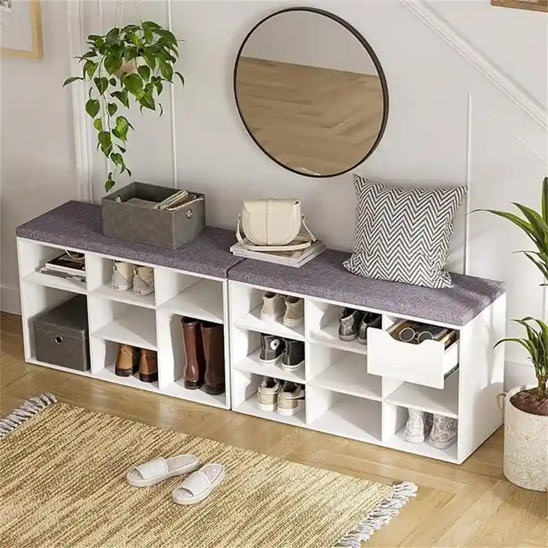 Gray Wash / Rustic Brown / White / Espresso Shoe Storage Bench with Padded Seat, 9 Cubbies, Seats 2