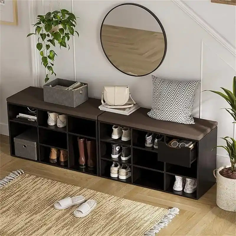 Gray Wash / Rustic Brown / White / Espresso Shoe Storage Bench with Padded Seat, 9 Cubbies, Seats 2