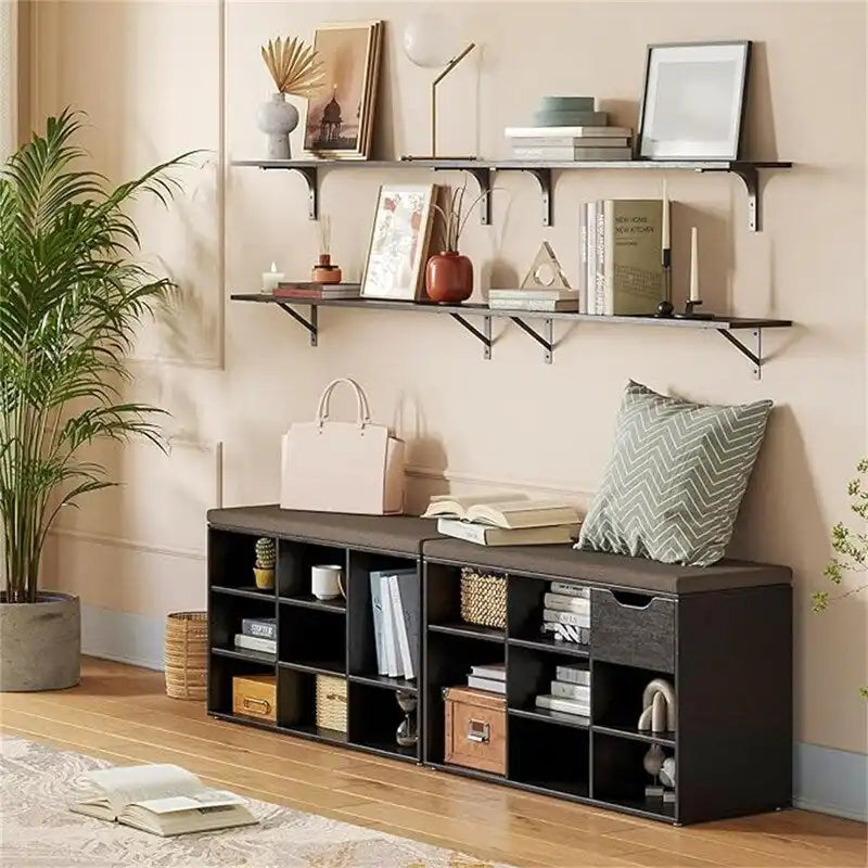 Gray Wash / Rustic Brown / White / Espresso Shoe Storage Bench with Padded Seat, 9 Cubbies, Seats 2