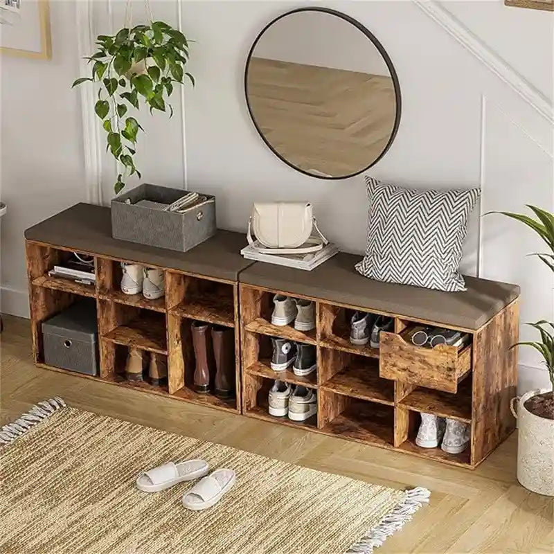 Gray Wash / Rustic Brown / White / Espresso Shoe Storage Bench with Padded Seat, 9 Cubbies, Seats 2