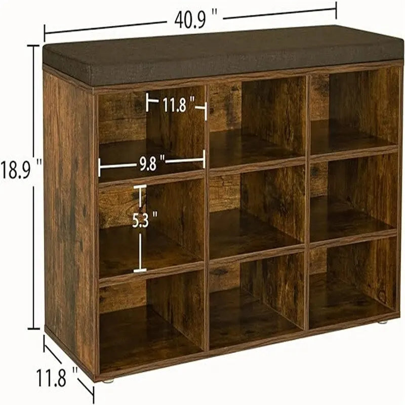 Gray Wash / Rustic Brown / White / Espresso Shoe Storage Bench with Padded Seat, 9 Cubbies, Seats 2