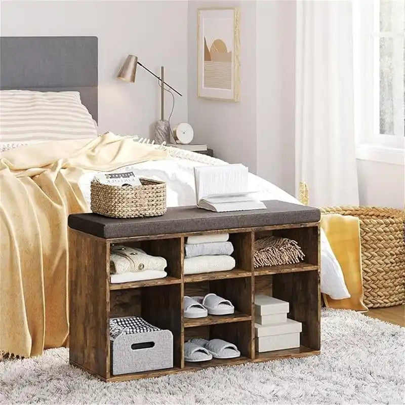 Gray Wash / Rustic Brown / White / Espresso Shoe Storage Bench with Padded Seat, 9 Cubbies, Seats 2