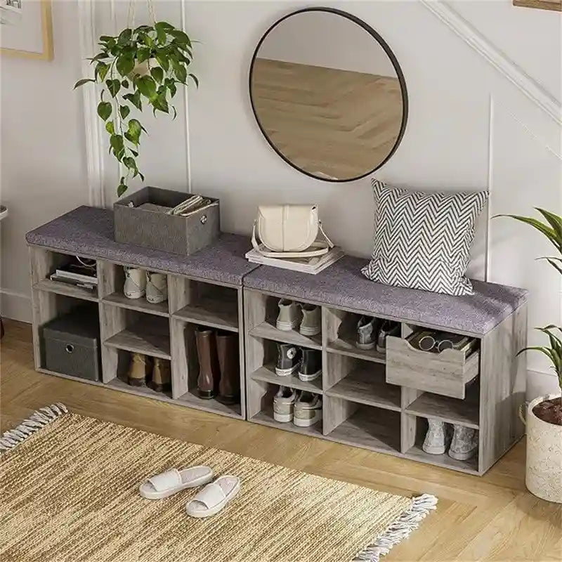 Gray Wash / Rustic Brown / White / Espresso Shoe Storage Bench with Padded Seat, 9 Cubbies, Seats 2