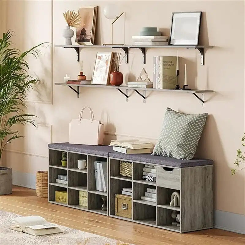 Gray Wash / Rustic Brown / White / Espresso Shoe Storage Bench with Padded Seat, 9 Cubbies, Seats 2