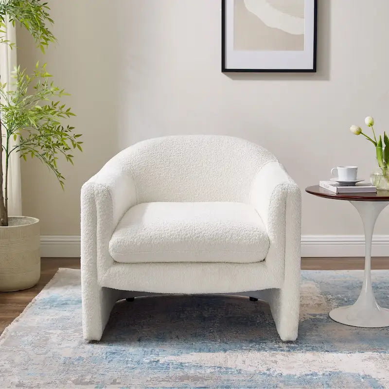 Boucle Upholstered Barrel Accent Chair, 31.2"W, Single Seat, Solid Wood Frame
