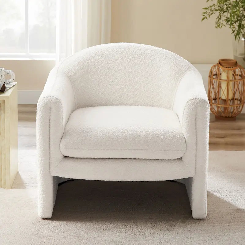 Boucle Upholstered Barrel Accent Chair, 31.2"W, Single Seat, Solid Wood Frame