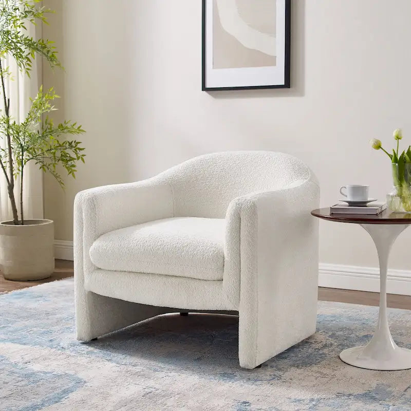 Boucle Upholstered Barrel Accent Chair, 31.2"W, Single Seat, Solid Wood Frame