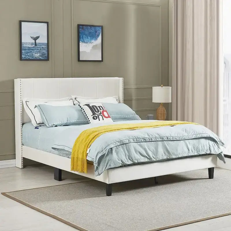 Queen Size Tufted Upholstered Bed Frame Low Profile Velvet Bed Frame Platform with Raised Wingback Headboard