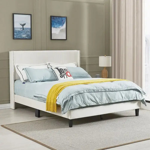 Queen Size Tufted Upholstered Bed Frame Low Profile Velvet Bed Frame Platform with Raised Wingback Headboard