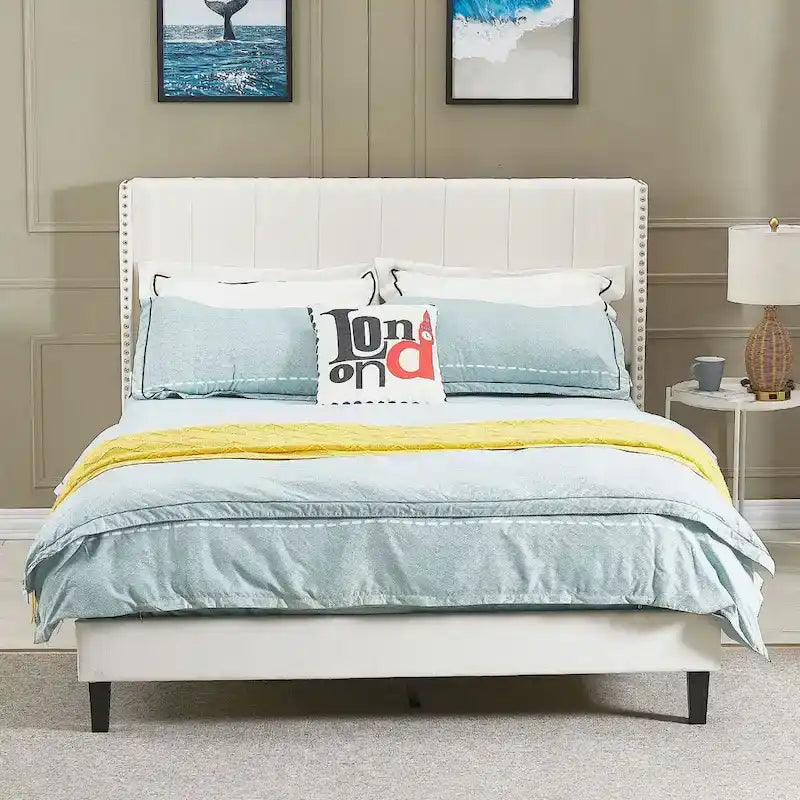 Beige / Black Velvet Platform Bed Frame with Wingback Headboard, Queen, 2 Colors