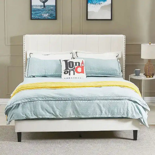 Beige / Black Velvet Platform Bed Frame with Wingback Headboard, Queen, 2 Colors