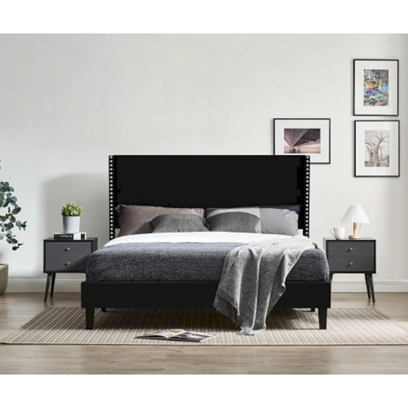 Beige / Black Velvet Platform Bed Frame with Wingback Headboard, Queen, 2 Colors