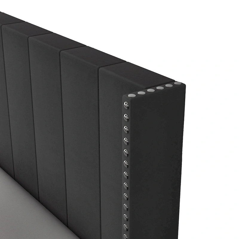 Beige / Black Velvet Platform Bed Frame with Wingback Headboard, Queen, 2 Colors