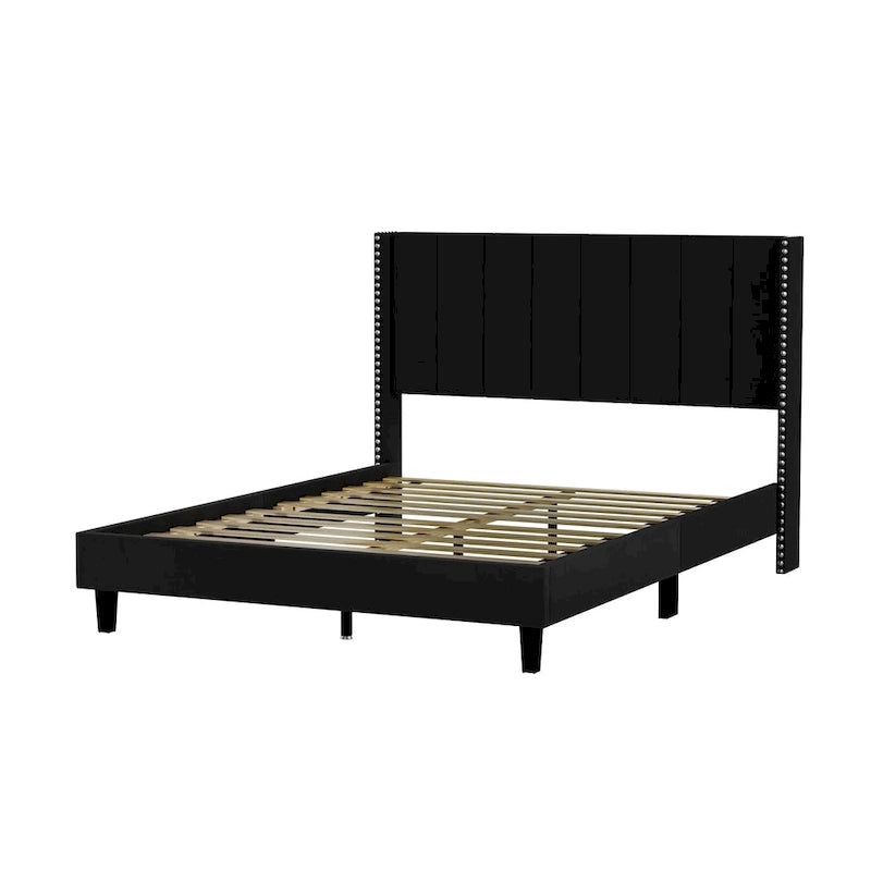 Beige / Black Velvet Platform Bed Frame with Wingback Headboard, Queen, 2 Colors
