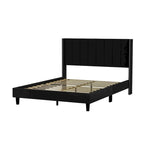 Beige / Black Velvet Platform Bed Frame with Wingback Headboard, Queen, 2 Colors