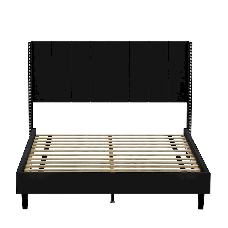 Beige / Black Velvet Platform Bed Frame with Wingback Headboard, Queen, 2 Colors